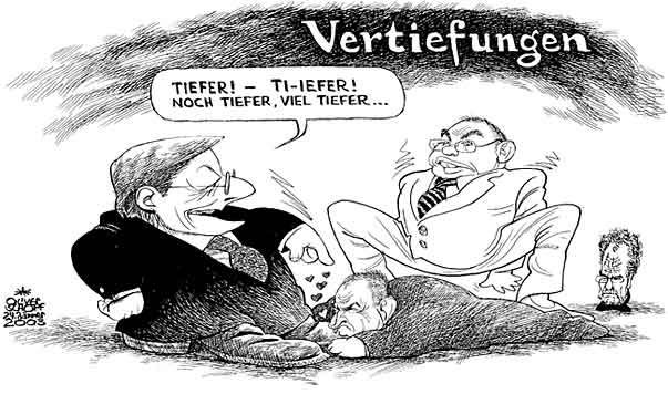  Oliver Schopf, politischer Karikaturist aus Österreich, politische Karikaturen, Illustrationen Archiv politische Karikatur Österreich Regierung Schüssel 
2003:
schuessel, koalitionsverhandlungen, vertiefungen, gusenbauer, herbert haupt, van der bellen



