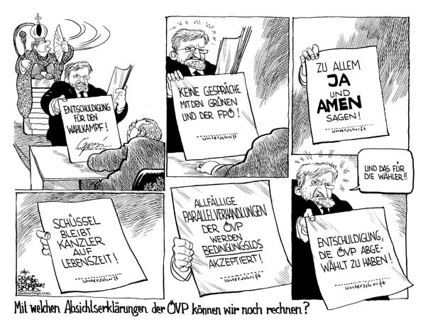  Oliver Schopf, politischer Karikaturist aus Österreich, politische Karikaturen, Illustrationen Archiv politische Karikatur Österreich Regierungsbildung 2006; koalitionsverhandlungen koalitionsverhandlungen, spoe, oevp, schuessel, molterer, absichtserklaerung, ehrenerklaerung, 

