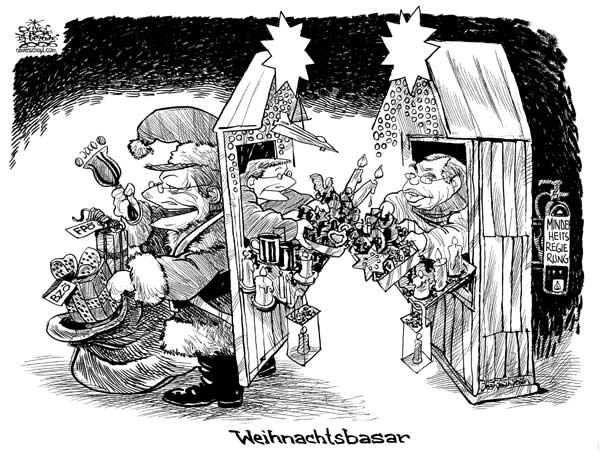  Oliver Schopf, politischer Karikaturist aus Österreich, politische Karikaturen, Illustrationen Archiv politische Karikatur Österreich Regierungsbildung 2006; weihnachtsbasar, fpoe, bzoe, schuessel, gusenbauer, minderheitsregierung, Manche Weihnachtsstandln warten mit besonderen Überraschungen auf.
