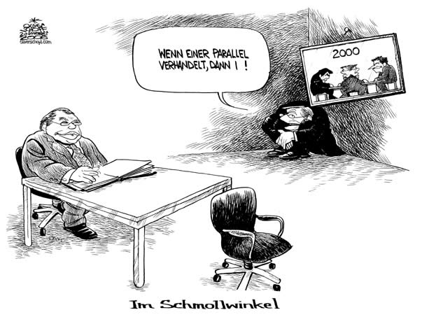  Oliver Schopf, politischer Karikaturist aus Österreich, politische Karikaturen, Illustrationen Archiv politische Karikatur Österreich Regierungsbildung 2006; koalitionsverhandlungen, 2006:, gusenbauer, schuessel, schmollwinkel, oevp, spoe,  viktor klima, haider
