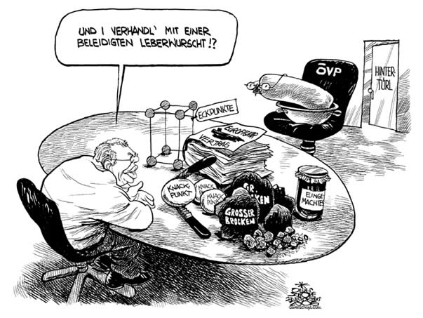  Oliver Schopf, politischer Karikaturist aus Österreich, politische Karikaturen, Illustrationen Archiv politische Karikatur Österreich Regierungsbildung 2006; koalitionsverhandlungen, 2006: leberwurst, gusenbauer, schuessel, koalitionsverhandlungen, spoe, oevp, eckpunkte, knackpunkte, eurofighter, eingemachtes, hintertuerl 
