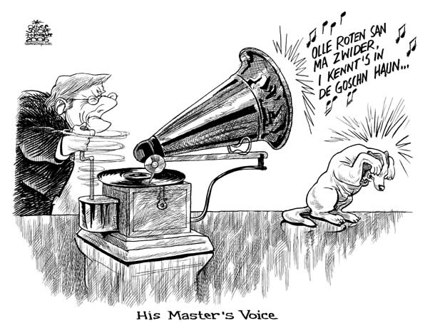  Oliver Schopf, politischer Karikaturist aus Österreich, politische Karikaturen, Illustrationen Archiv politische Karikatur Österreich Regierungsbildung   2006; nach der Nationalratswahl:schuessel, schallplatte, grammophon, his master’s voice, hund, 
olle menschen san ma zwider...
