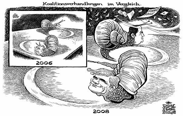  Oliver Schopf, politischer Karikaturist aus Österreich, politische Karikaturen, Illustrationen Archiv politische Karikatur Österreich Regierungsbildung 2008:
Koalition, verhandlungen, schnecken, finanzkrise, vergleich



