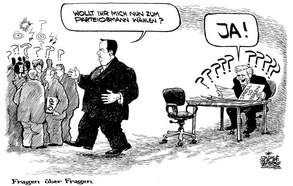  Oliver Schopf, politischer Karikaturist aus Österreich, politische Karikaturen, Illustrationen Archiv politische Karikatur Österreich Regierungsbildung 2008:
Koalitionsverhandlungen, 10 fragen, josef proell, faymann, ja



