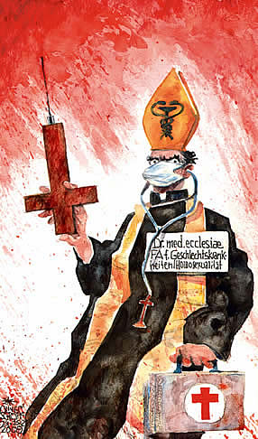  Oliver Schopf, politischer Karikaturist aus Österreich, politische Karikaturen, Illustrationen Archiv politische Karikatur Österreich  Religion und Kirche Ethik 2009 katholische Kirche und Homosexualität


