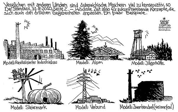  Oliver Schopf, politischer Karikaturist aus Österreich, politische Karikaturen, Illustrationen Archiv politische Karikatur Österreich Regierung Religion  und Ethik 2010:  architektur moschee bau minarett modell



