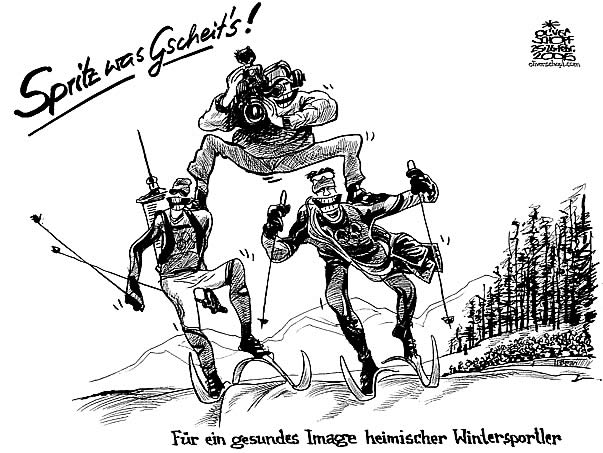  Oliver Schopf, politischer Karikaturist aus Österreich, politische Karikaturen, Illustrationen Archiv politische Karikatur Österreich Sport
2006 olympische Spiele in Turin, Walter Mayer und Biathlon, Langlauf, Image der Sportler
