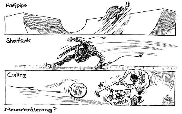  Oliver Schopf, politischer Karikaturist aus Österreich, politische Karikaturen, Illustrationen Archiv politische Karikatur Österreich Sport 2010: wintersport neuorientierung darabos schroecksnadel halfpipe shorttrack curling


