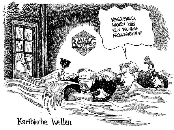  Oliver Schopf, politischer Karikaturist aus Österreich, politische Karikaturen, Illustrationen Archiv politische Karikatur Österreich Wirtschaft BAWAG-Affaire
2006, 2006: Neue Vorwürfe gegen die österreichische Bank für Arbeit und Wirtschaft (BAWAG) wegen geheimnisvoller Geschäfte auf der Karibikinsel Anguilla  erfordern ein hochprofessionelles Krisenmanagement