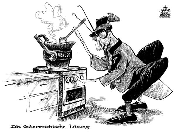  Oliver Schopf, politischer Karikaturist aus Österreich, politische Karikaturen, Illustrationen Archiv politische Karikatur Österreich Wirtschaft  und Finanzen
2007; boehler-uddeholm, heuschrecke, kochen, stahlkocher.
