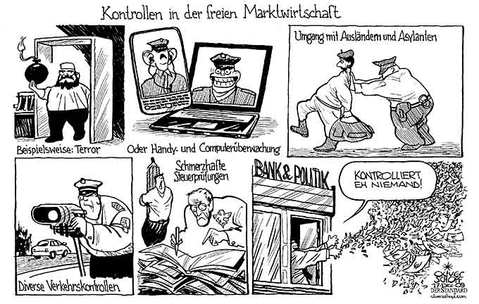  Oliver Schopf, politischer Karikaturist aus Österreich, politische Karikaturen, Illustrationen Archiv politische Karikatur Österreich Wirtschaft  und Finanzen
 2009: freie marktwirtschaft, kontrolle, banken, politik, hypo alpe adria


