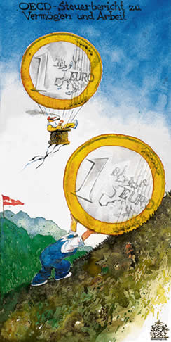  Oliver Schopf, politischer Karikaturist aus Österreich, politische Karikaturen, Illustrationen Archiv politische Karikatur Österreich Wirtschaft  und Finanzen
 2007; oecd, bericht, steuer, sisyphus, euro, ballon


