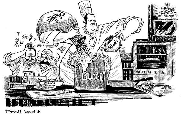  Oliver Schopf, politischer Karikaturist aus Österreich, politische Karikaturen, Illustrationen Archiv politische Karikatur Österreich Wirtschaft  und Finanzen
 2010: budget finanzminister josef proell kochen wuerzen pfeffer schmalz chili johann lafer horst lichter




