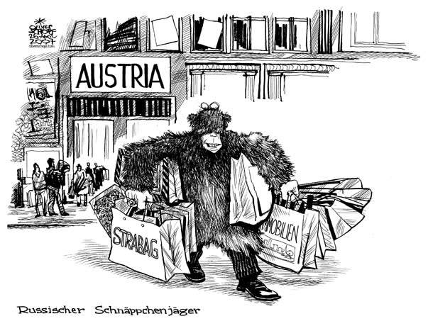  Oliver Schopf, politischer Karikaturist aus Österreich, politische Karikaturen, Illustrationen Archiv politische Karikatur Österreich Wirtschaft  und Finanzen
2007,2007; strabag, einkaufen, schnaeppchen, immobilien, oligarch, deripaska

