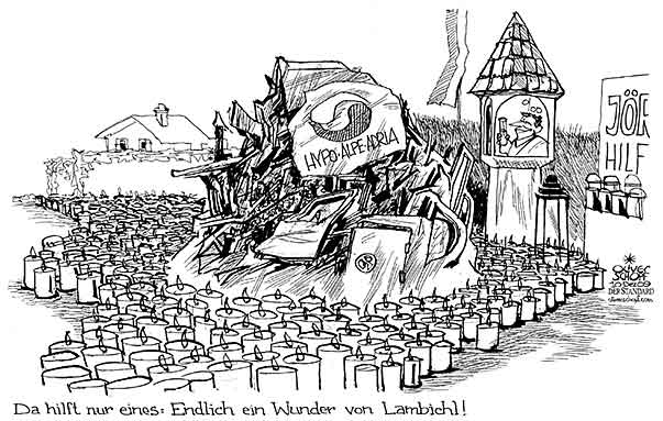  Oliver Schopf, politischer Karikaturist aus Österreich, politische Karikaturen, Illustrationen Archiv politische Karikatur Österreich Wirtschaft  und Finanzen
 2009: bank, hypo group alpe adria haider, unfallort, lambichl, gedenkstaette, wunder, kerzen


