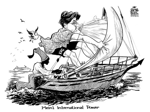  Oliver Schopf, politischer Karikaturist aus Österreich, politische Karikaturen, Illustrationen Archiv politische Karikatur Österreich Wirtschaft Meinl: 2007, karl-heinz grasser, julius meinl, mohr, meinl international power, segelboot, wind, blasen


