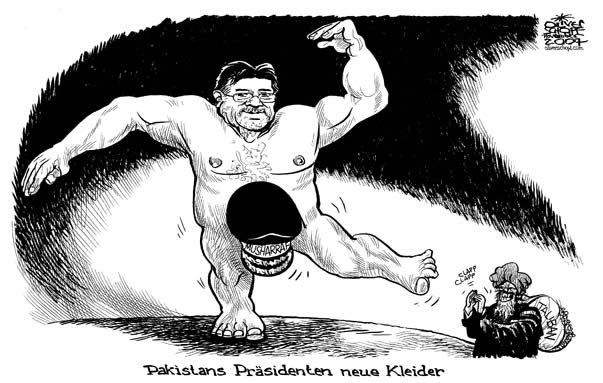  Oliver Schopf, politischer Karikaturist aus Österreich, politische Karikaturen, Illustrationen Archiv politische Karikatur Welt Asien  2008: Pakistan, musharraf  pervez  general präsident nackt taliban




