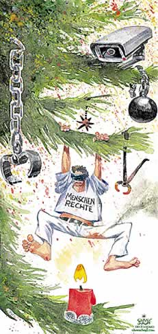  Oliver Schopf, politischer Karikaturist aus Österreich, politische Karikaturen, Illustrationen Archiv politische Karikatur Welt diverse Themen
Menschenrechte und Weihnachten 2005
