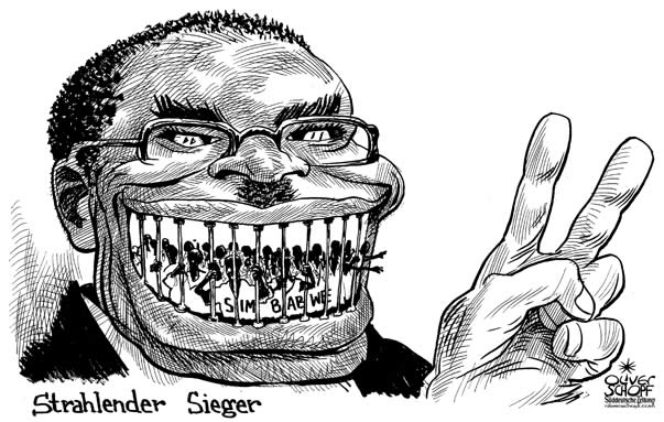  Oliver Schopf, politischer Karikaturist aus Österreich, politische Karikaturen, Illustrationen Archiv politische Karikatur Welt diverse Themen
2008: Afrika, simbabwe, mugabe, wahlen, strahlender sieger, laecheln, victory-zeichen 



