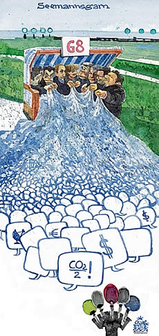  Oliver Schopf, politischer Karikaturist aus Österreich, politische Karikaturen, Illustrationen Archiv politische Karikatur Welt g8 Heiligendamm GB-Gipfeltreffen 2007: g8-gipfel, strand, strandkorb, fischernetz, sprechblasen, seemannsgarn
großes finale, superfinale


