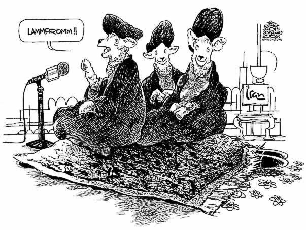  Oliver Schopf, politischer Karikaturist aus Österreich, politische Karikaturen, Illustrationen Archiv politische Karikatur Welt Iran und die Atompolitik 2006 lammfromm kernspaltung atomenergieprogramm atomare bedrohung atombombenbau


