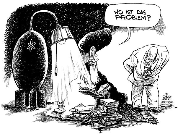  Oliver Schopf, politischer Karikaturist aus Österreich, politische Karikaturen, Illustrationen Archiv politische Karikatur Welt Iran   Atom Programm, Uno, El Baradei, Lampe



