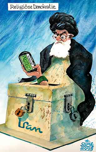  Oliver Schopf, politischer Karikaturist aus Österreich, politische Karikaturen, Illustrationen Archiv politische Karikatur Welt Iran 2009  iran, demokratie, religion, wahlurne, protest, internet, web, handy Politik Politiker 



