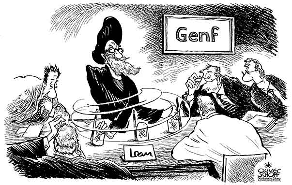  Oliver Schopf, politischer Karikaturist aus Österreich, politische Karikaturen, Illustrationen Archiv politische Karikatur Welt Iran 2009 iran, atom, kraftwerke, genf, gespraeche, verhandlungen, huetchenspiel Politik Politiker



