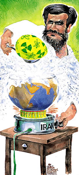  Oliver Schopf, politischer Karikaturist aus Österreich, politische Karikaturen, Illustrationen Archiv politische Karikatur Welt Iran und die Atompolitik 2006  atomenergieprogramm atomare bedrohung atombombenbau
Mahmoud Ahmadinejad, Iran, Ei, Kochen, Atombombe

