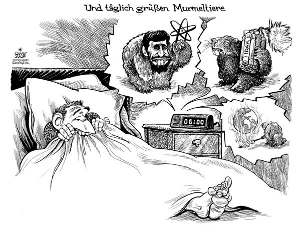  Oliver Schopf, politischer Karikaturist aus Österreich, politische Karikaturen, Illustrationen Archiv politische Karikatur Welt USA 2007: george w. bush, murmeltiertag, und taeglich gruesst das murmeltier, iran irak



