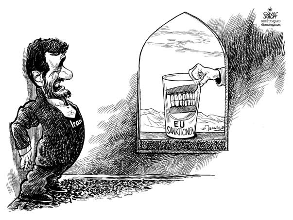  Oliver Schopf, politischer Karikaturist aus Österreich, politische Karikaturen, Illustrationen Archiv politische Karikatur Welt Iran  Eu 2007: iran, eu, ahmadinejad, sanktionen, gebiss




