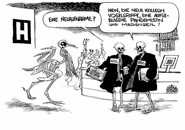  Oliver Schopf, politischer Karikaturist aus Österreich, politische Karikaturen, Illustrationen Archiv politische Karikatur Welt Klima und Umwelt  Vogelgrippe notaufnahme aids krebs aerzte pandemiealarm h5n1 2005




