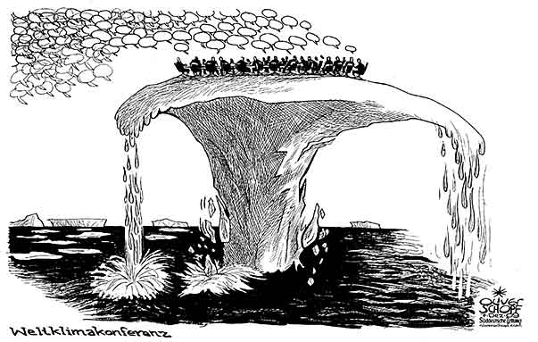  Oliver Schopf, politischer Karikaturist aus Österreich, politische Karikaturen, Illustrationen Archiv politische Karikatur Welt Klima und Umwelt 2009: welt, klima, konferenz, eis, schmelzen, eismeer, sprechblasen


