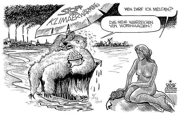  Oliver Schopf, politischer Karikaturist aus Österreich, politische Karikaturen, Illustrationen Archiv politische Karikatur Welt Klima und Umwelt 2009: klima, erwaermung, gipfel, kopenhagen, kleine meerjungfrau, eisbaer, wahrzeichen


