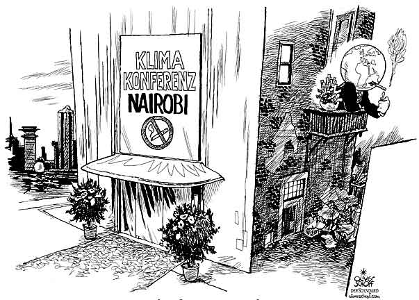 Oliver Schopf, editorial cartoons from Austria, cartoonist from Austria, Austrian illustrations, illustrator from Austria, editorial cartoon climate and environment
climate conference nairobi smoking earth non smoking aerea