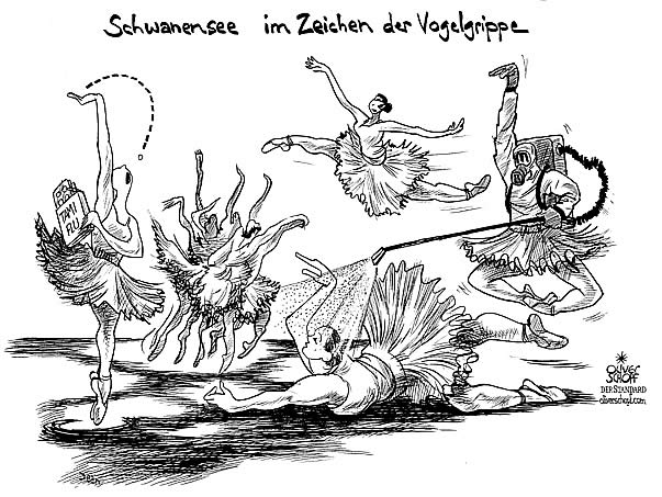  Oliver Schopf, politischer Karikaturist aus Österreich, politische Karikaturen, Illustrationen Archiv politische Karikatur Welt Klima und Umwelt Schwanensee im zeichen der Vogelgrippe




