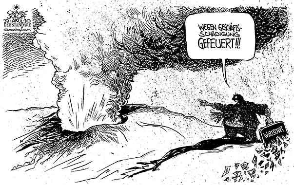  Oliver Schopf, politischer Karikaturist aus Österreich, politische Karikaturen, Illustrationen Archiv politische Karikatur Welt Klima und Umwelt 2010 wirtschaft island vulkan eyjafjallajoekull aschewolke schaedigung feuern

