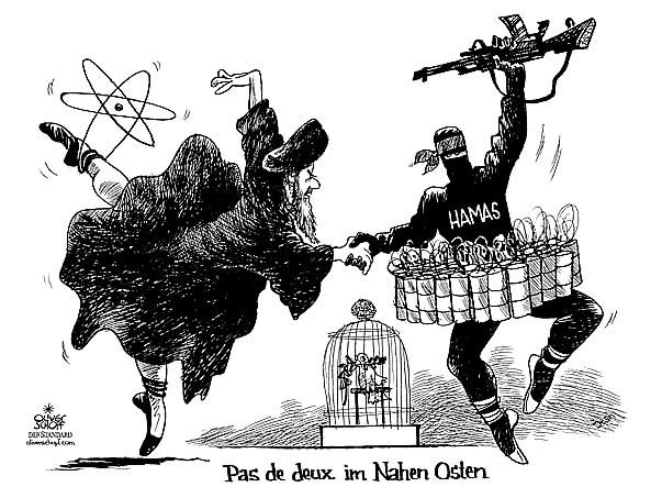  Oliver Schopf, politischer Karikaturist aus Österreich, politische Karikaturen, Illustrationen Archiv politische Karikatur Welt Naher Osten
Israel 2006,Pas de deux im Nahen Osten. Iran, Hamas, Ballet.
