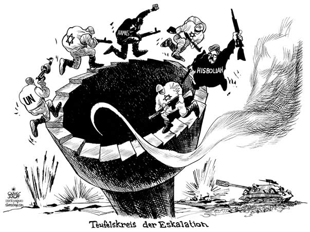  Oliver Schopf, politischer Karikaturist aus Österreich, politische Karikaturen, Illustrationen Archiv politische Karikatur Welt Naher Osten
Nahost 2006; teufelskreis, eskalation,  israel, libanon, hisbollah, hamas, uno


