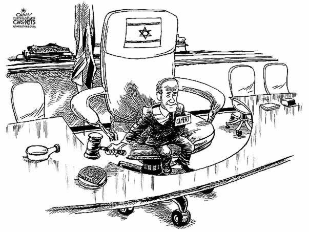  Oliver Schopf, politischer Karikaturist aus Österreich, politische Karikaturen, Illustrationen Archiv politische Karikatur Welt Naher Osten
Israel 2006, Sharon's plötzliche Erkrankung schafft ein politisches Vakuum; Ehud Olmert am Chefsessel
