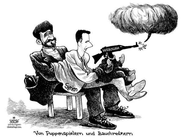 Oliver Schopf, editorial cartoons from Austria, cartoonist from Austria, Austrian illustrations, illustrator from Austria, editorial cartoon middle-east
 mideast, hezbollah, assad, ahmadinejad, puppets, ventriloquist
