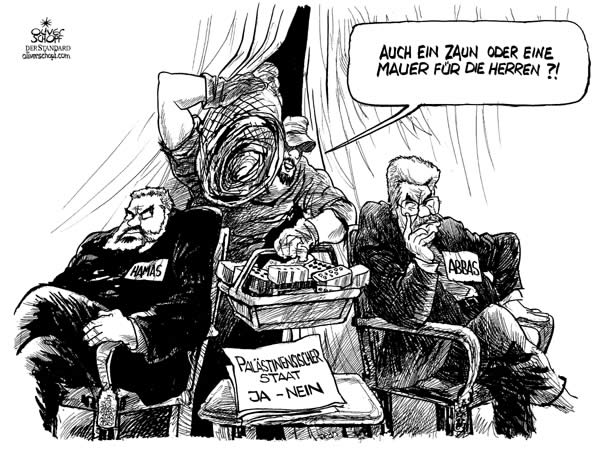  Oliver Schopf, politischer Karikaturist aus Österreich, politische Karikaturen, Illustrationen Archiv politische Karikatur Welt Naher Osten
Palestina 2006: hamas,  mahmud abbas, ismail haniyeh, palaestinenserstaat, zaun, mauer, referendum, ja, nein
