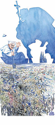 Oliver Schopf, editorial cartoons from Austria, cartoonist from Austria, Austrian illustrations, illustrator from Austria, editorial cartoon religion and ethic
 Pope Benedict XVI razinger german pope john paul follower fisherman boat fishing 
