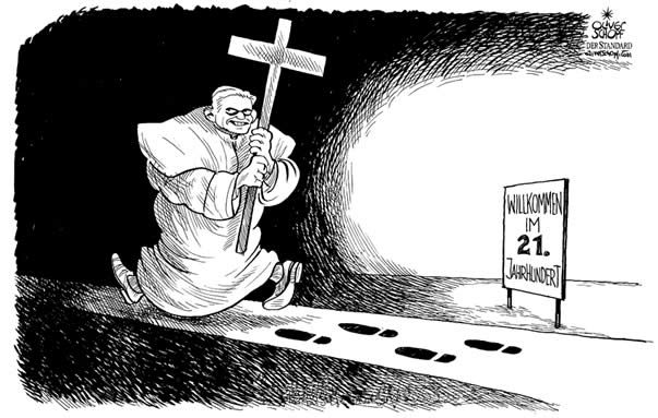  Oliver Schopf, politischer Karikaturist aus Österreich, politische Karikaturen, Illustrationen Archiv politische Karikatur Welt Religion & Ethik 2009: papst, benedikt XVI., 21. jahrhundert, fußspuren, rueckwaerts, kreuz, finstere zeiten, rueckschritt  




