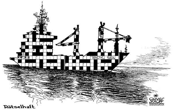  Oliver Schopf, politischer Karikaturist aus Österreich, politische Karikaturen, Illustrationen Archiv politische Karikatur Welt Russland 2009: 2009: arctic sea, schiff, fracht, raetsel, verschwunden


