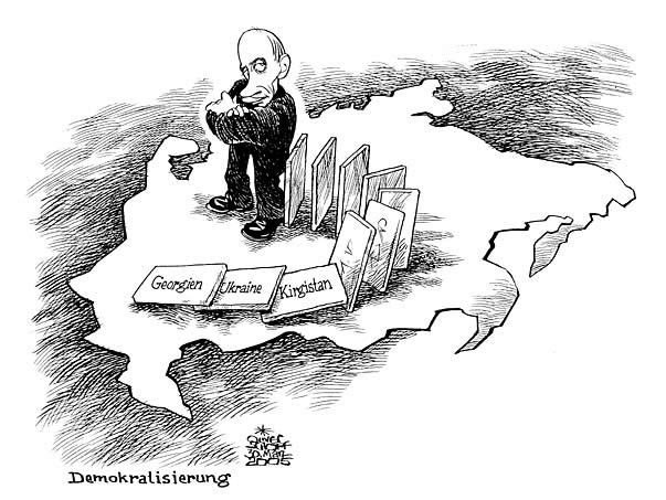  Oliver Schopf, politischer Karikaturist aus Österreich, politische Karikaturen, Illustrationen Archiv politische Karikatur Welt Russland Ukraine 2005; Dominosteine Dominoeffekt Putin Georgien Ukraine Kirgistan Demokratisierung

