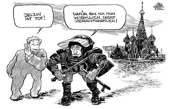  Oliver Schopf, politischer Karikaturist aus Österreich, politische Karikaturen, Illustrationen Archiv politische Karikatur Welt Russland 2008: russland, putin, demokratie am boden genosse putin judoka judo schwarzer gürtel einiges russland




