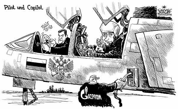 Oliver Schopf, editorial cartoons from Austria, cartoonist from Austria, Austrian illustrations, illustrator from Austria, editorial cartoon russia, 

dmitri medvedev, vladimir putin, pilot, copilot, aircraft, gazprom, 
