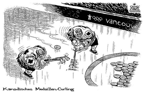  Oliver Schopf, politischer Karikaturist aus Österreich, politische Karikaturen, Illustrationen Archiv politische Karikatur Welt Sport 2010: olympische spiele vancouver 2010 kanada curling medaillen eishockey



