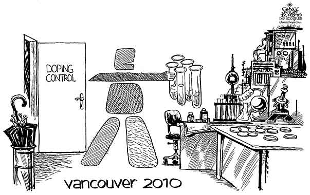 Oliver Schopf, editorial cartoons from Austria, cartoonist from Austria, Austrian illustrations, illustrator from Austria, editorial cartoon miscellaneous 2010: Canada Olympic games Vancouver doping control umbrella laboratory lab
